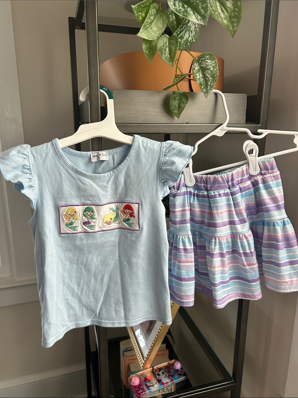 Light Blue Girls Tee & Pastel Striped Tiered Skirt Set